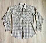 Medium - Vintage 80s Panhandle Slim Beige Plaid Western Pearlsnap Shirt w/Contrast Collar