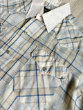 Medium - Vintage 80s Panhandle Slim Beige Plaid Western Pearlsnap Shirt w/Contrast Collar