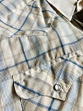 Medium - Vintage 80s Panhandle Slim Beige Plaid Western Pearlsnap Shirt w/Contrast Collar