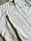 Medium - Vintage 80s Wrangler White / Gold Striped Polyester Pearlsnap Western Shirt