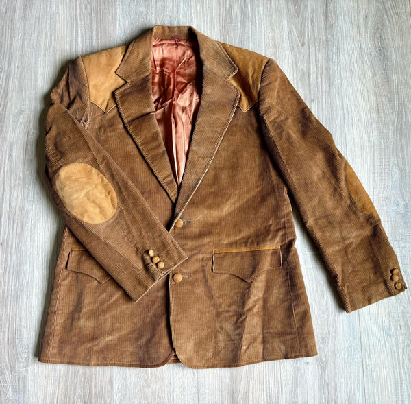 Med/Lrg - Vintage 70s/80s JC Penny Brown Corduroy Western Blazer w/ Suede Elbow Patches & Western Yoke