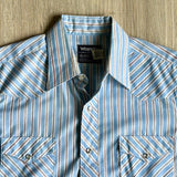 Medium - Vintage 80s Wrangler Baby Blue/White/Maroon Striped Western Pearlsnap Shirt