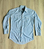 Medium - Vintage 80s Wrangler Baby Blue/White/Maroon Striped Western Pearlsnap Shirt