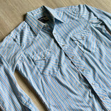 Medium - Vintage 80s Wrangler Baby Blue/White/Maroon Striped Western Pearlsnap Shirt