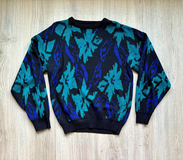 S/M - Vintage 80s Abstract Floral Black/Blue/Turquoise/White Sweater