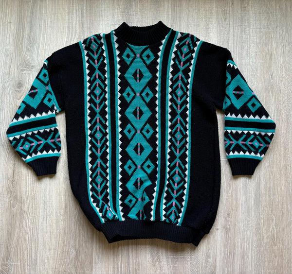 S/M - Vintage 80s Southwestern Black/Pink/Turquoise/White Oversized Sweater Dress