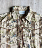 Retro Western Liz Claiborne English Riding Print Shirt w/ Brown Piping and Bronze Snaps (Womens Medium)