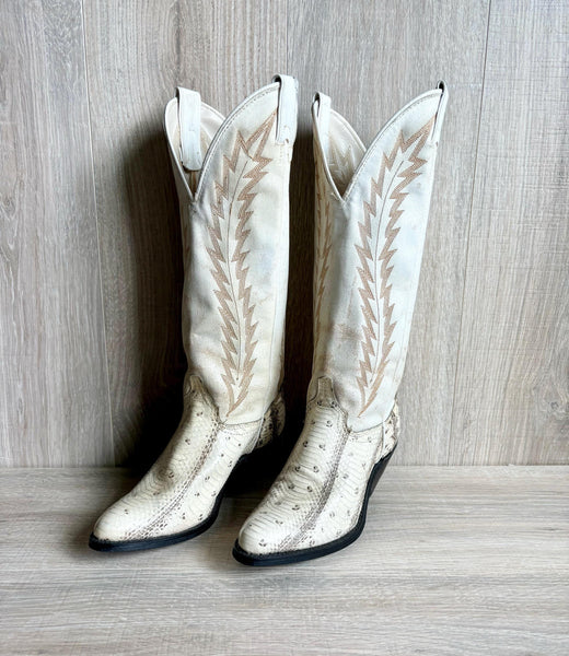 Women's Size 5.5 Vintage 80s White/Faux Snake Skin Leather Cowboy Boots