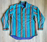 Large - Vintage 90s Wrangler Turquoise Striped Button Up Western Brush Popper Shirt
