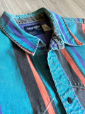 Large - Vintage 90s Wrangler Turquoise Striped Button Up Western Brush Popper Shirt