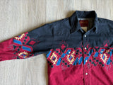 XS (Youth L) - Vintage 90s Rustler Black / Red / Aztec Western Pearlsnap Shirt