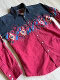 XS (Youth L) - Vintage 90s Rustler Black / Red / Aztec Western Pearlsnap Shirt