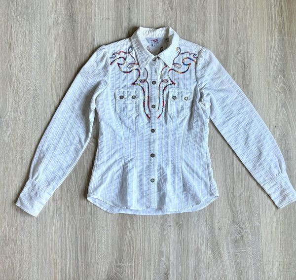 Small - Classic Roper Chain Stitch / Striped White Pearlsnap Western Shirt