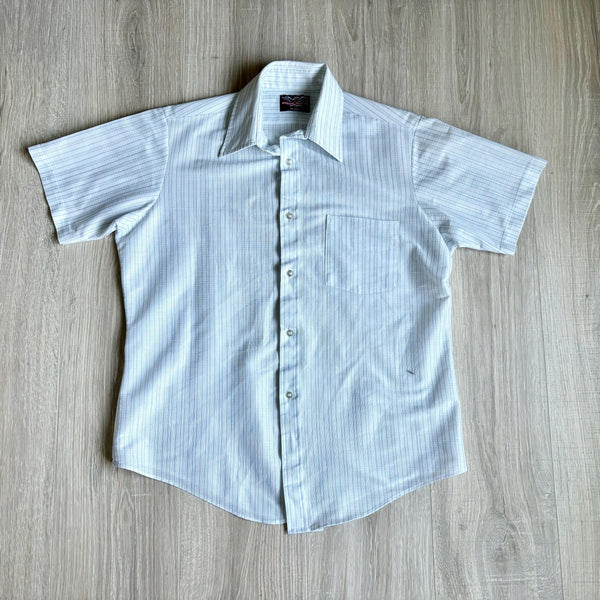 Medium - Vintage 80s White / Blue Striped Polyester Americana Collection Short Sleeve Button Up Shirt