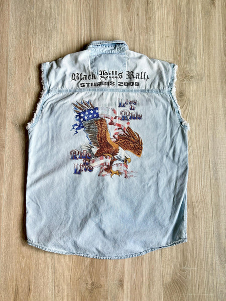 Med/Lrg - Sturgis 2008 / Bike Rally Sleeveless Button Up Denim Shirt