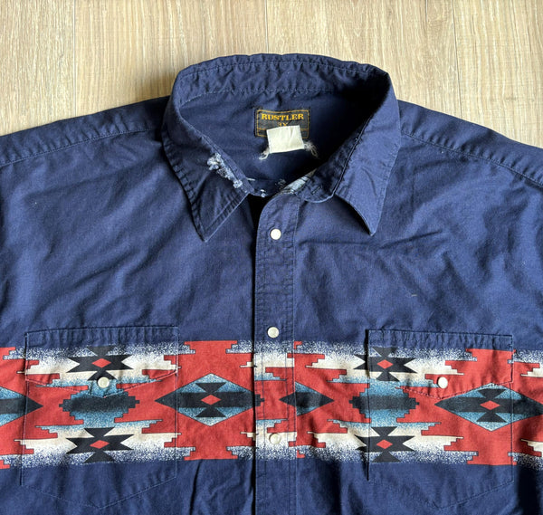 3X - Vintage 90s Rustler by Wrangler Blue / Aztec Pearlsnap Short Sleeve Western Shirt