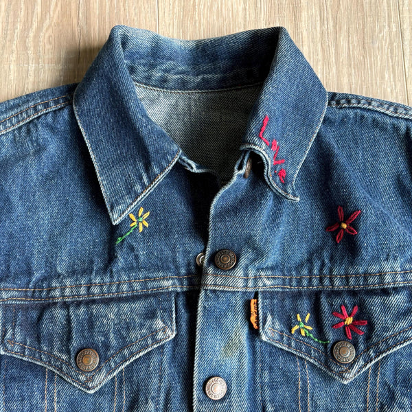 Vintage 80s Levis Orange Tab Embroidered Denim / Jean Jacket (Size XS / YL)
