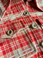 Small - Vintage 70s Beige / Red Houndstooth Plaid Short Sleeve Button Up Leisure Shirt