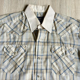 Medium - Vintage 80s Panhandle Slim Beige Plaid Western Pearlsnap Shirt w/Contrast Collar