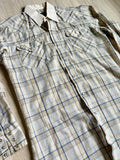 Medium - Vintage 80s Panhandle Slim Beige Plaid Western Pearlsnap Shirt w/Contrast Collar