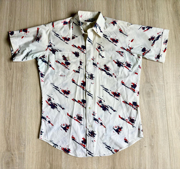 Med/Lrg - Vintage 90s Ruddock Abstract Paint Splat Print Western Short Sleeve Button Up Shirt