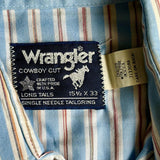 Medium - Vintage 80s Wrangler Baby Blue/White/Maroon Striped Western Pearlsnap Shirt