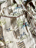 Retro Western Liz Claiborne English Riding Print Shirt w/ Brown Piping and Bronze Snaps (Womens Medium)