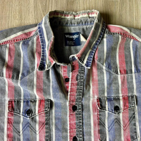 2X - Vintage 90s Wrangler Gray, Red, White, Blue Striped Button Up Brush Popper Shirt (stains)