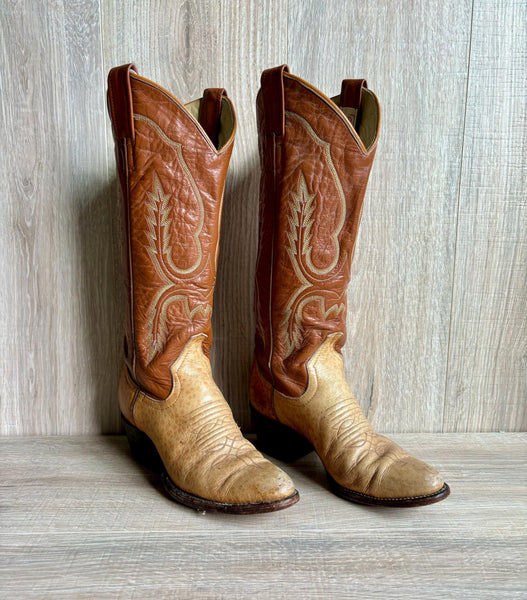 Women's / Girls Size 4 Vintage Larry Mahan Beige / Brown Leather Smooth Ostrich Cowboy Boots