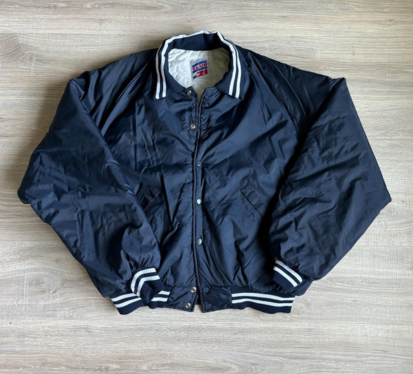 Vintage 80s Club 21 Navy Blue & White Satin Bomber Jacket (Mens L/XL)