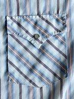 Large - Vintage 90s ELY White Blue Beige Marion Striped Short Sleeve Pearlsnap Western Shirt