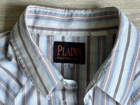 Large - Vintage 90s ELY White Blue Beige Marion Striped Short Sleeve Pearlsnap Western Shirt