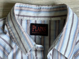 Large - Vintage 90s ELY White Blue Beige Marion Striped Short Sleeve Pearlsnap Western Shirt