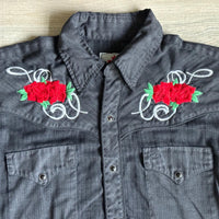 Medium - Vintage 70s MWG Black Chambray Western Pearlsnap Shirt w/ Embroidered Roses