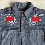 Medium - Vintage 70s MWG Black Chambray Western Pearlsnap Shirt w/ Embroidered Roses