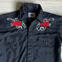 Sm/Med - Vintage 70s MWG Black Double Diamond Polyesyer Western Pearlsnap Shirt w/ Embroidered Roses