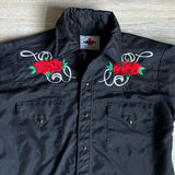 Sm/Med - Vintage 70s MWG Black Double Diamond Polyesyer Western Pearlsnap Shirt w/ Embroidered Roses