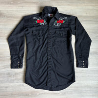 Sm/Med - Vintage 70s MWG Black Double Diamond Polyesyer Western Pearlsnap Shirt w/ Embroidered Roses