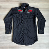 Sm/Med - Vintage 70s MWG Black Double Diamond Polyesyer Western Pearlsnap Shirt w/ Embroidered Roses