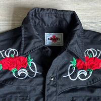 Sm/Med - Vintage 70s MWG Black Double Diamond Polyesyer Western Pearlsnap Shirt w/ Embroidered Roses
