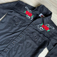 Sm/Med - Vintage 70s MWG Black Double Diamond Polyesyer Western Pearlsnap Shirt w/ Embroidered Roses
