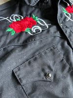 Sm/Med - Vintage 70s MWG Black Double Diamond Polyesyer Western Pearlsnap Shirt w/ Embroidered Roses