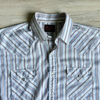 Large - Vintage 90s ELY White Blue Beige Marion Striped Short Sleeve Pearlsnap Western Shirt