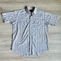 Large - Vintage 90s ELY White Blue Beige Marion Striped Short Sleeve Pearlsnap Western Shirt