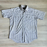 Large - Vintage 90s ELY White Blue Beige Marion Striped Short Sleeve Pearlsnap Western Shirt