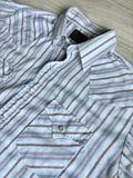 Large - Vintage 90s ELY White Blue Beige Marion Striped Short Sleeve Pearlsnap Western Shirt