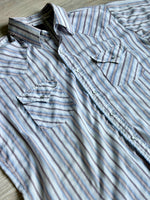Large - Vintage 90s ELY White Blue Beige Marion Striped Short Sleeve Pearlsnap Western Shirt