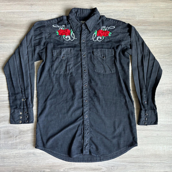 Medium - Vintage 70s MWG Black Chambray Western Pearlsnap Shirt w/ Embroidered Roses