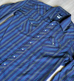 Vintage 90s Wrangler Navy/Green/Red Striped Western Pearlsnap Shirt - XXL