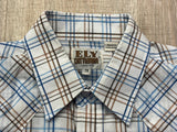 Classic ELY White Beige / Blue Striped Plaid Western Plaid Pearlsnap Shirt - Medium